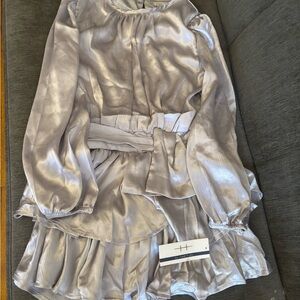 Habitual Shimmery Silver Long-Sleeve Tiered Dress with Waist Sash